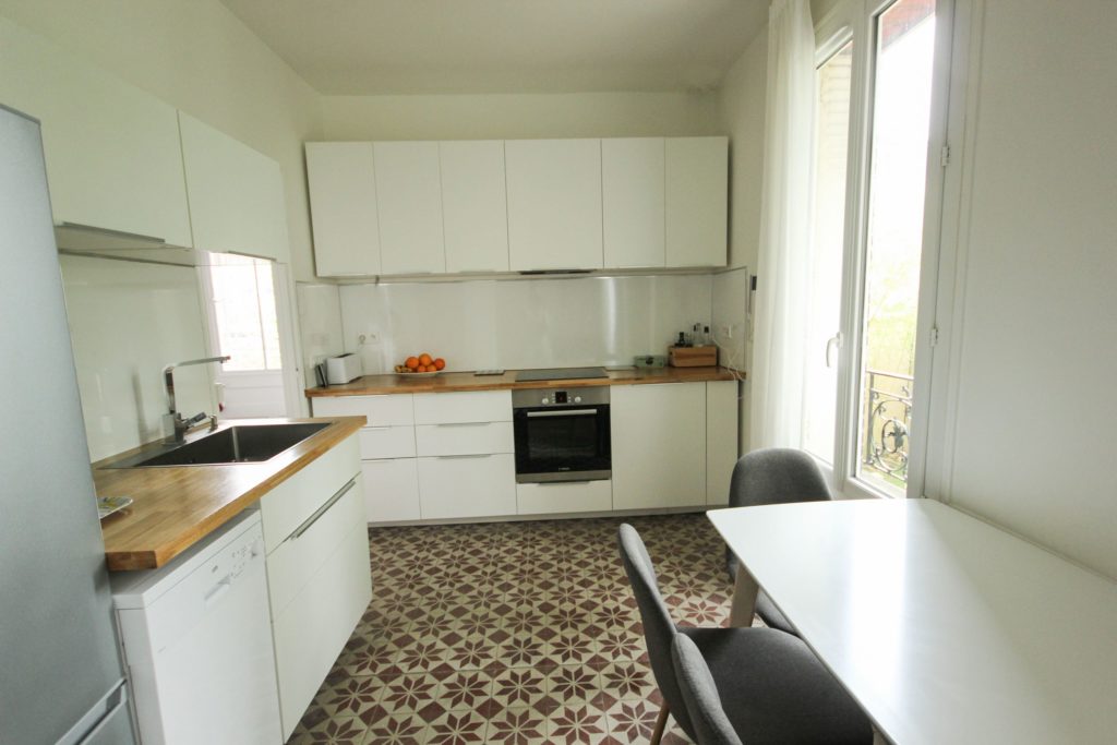 How to renovate an old stone house - Beautiful white kitchen with wood worktop and old cement tiles- insidemyhome.co.uk interior design decoration blog