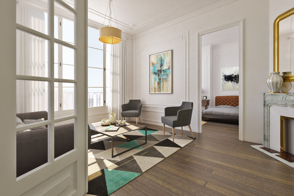 plan d'aménagement d'un petit appartement haussmannien : modélisation 3D du style envisagé.