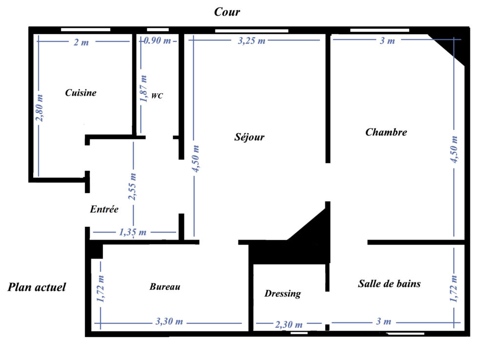 plan d'origine d'un appartement 2 pièces haussmannien, avant plan d'aménagement et modélisation 3d