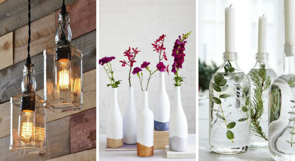 how to use upcycling in home decor: bottles and glass jars make great vases, lamps and candle holders