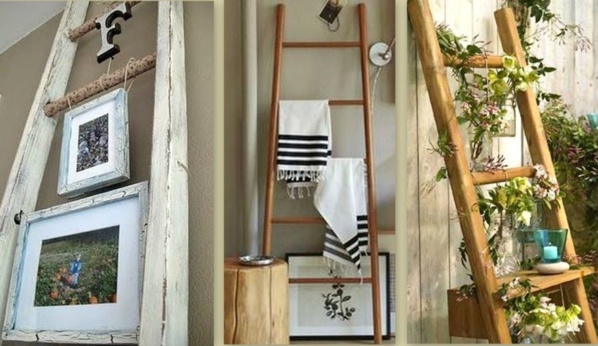 how to use upcycling in home decor: ladders can be recycled and converted into shelves