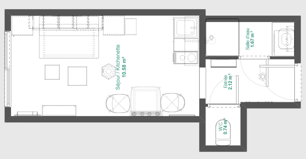 plan 2d amenagement studio 15 m² - rénover et aménager un studio pour moins de 5000 euros de budget - Blog Inside my home